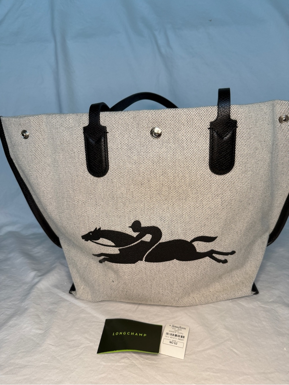 Longchamp Beige Canvas Tote with Black Leather Handles - Picture 2 of 4